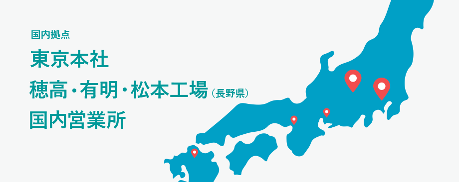 国内拠点 東京本社、穂高・有明・松本工場（長野県）、国内営業所